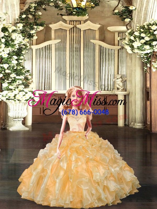 wholesale great organza scoop sleeveless clasp handle lace and ruffles vestidos de quinceanera in gold