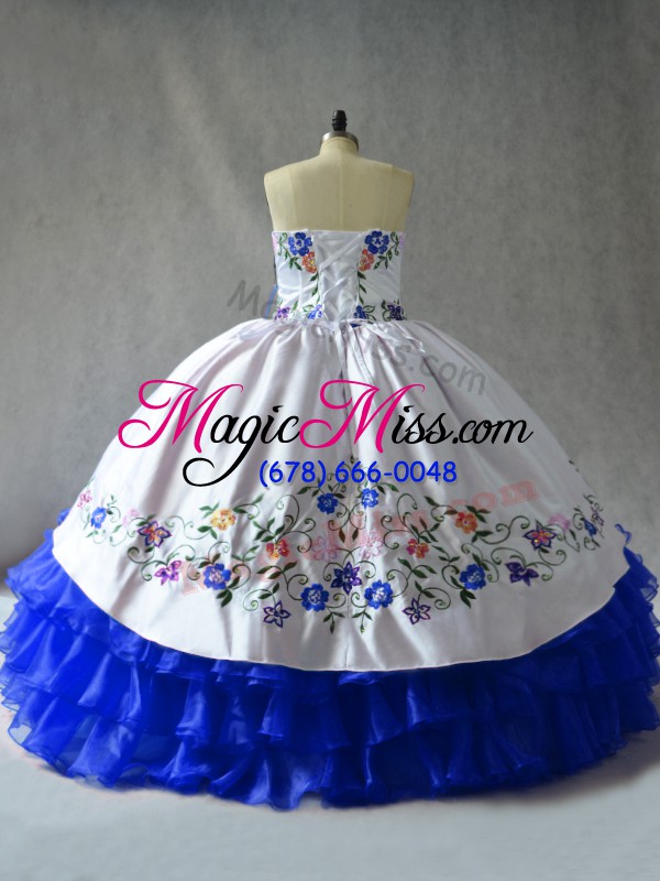 wholesale luxury royal blue organza lace up quinceanera dresses sleeveless embroidery and ruffled layers