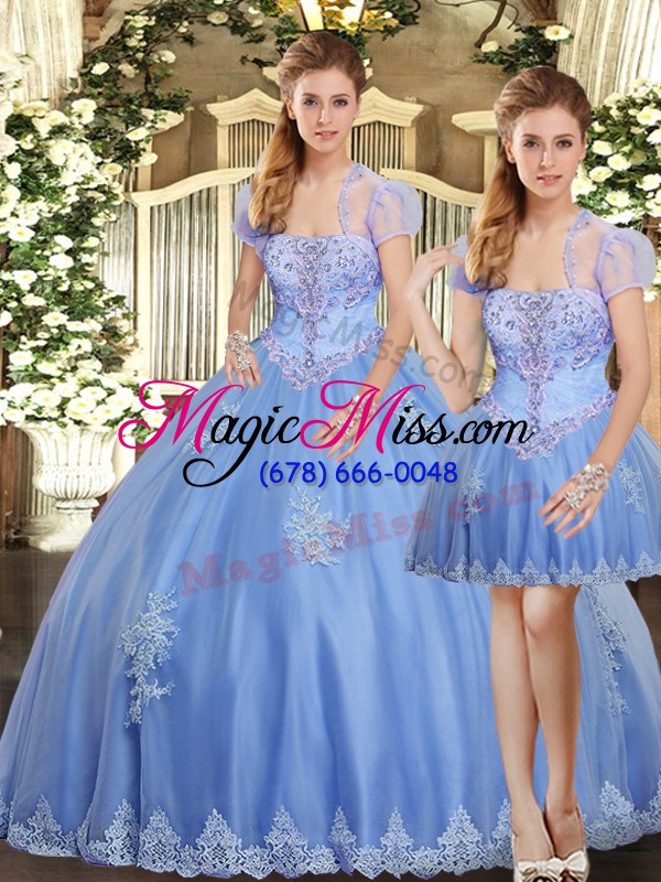 wholesale custom made strapless sleeveless lace up quinceanera gowns light blue tulle