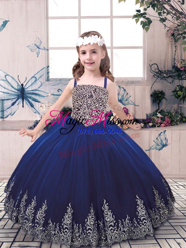 wholesale affordable blue lace up little girl pageant gowns beading and embroidery sleeveless floor length