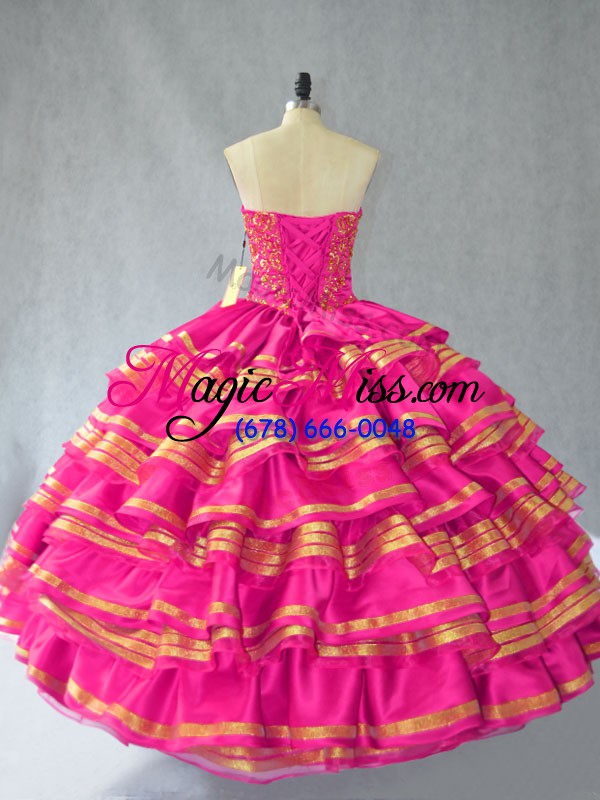 wholesale hot pink ball gowns embroidery and ruffled layers quince ball gowns lace up organza sleeveless