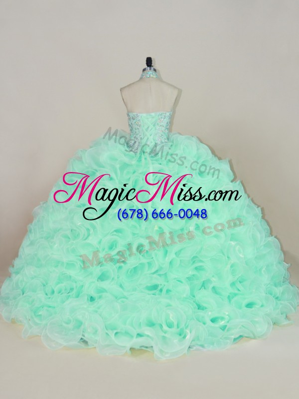wholesale sleeveless fabric with rolling flowers brush train lace up quinceanera gowns in apple green with beading and ruffles