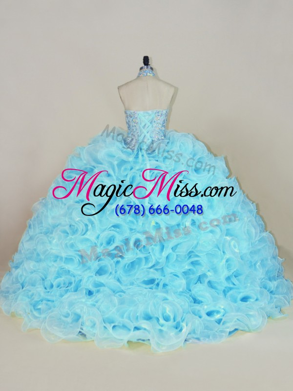wholesale sleeveless fabric with rolling flowers brush train lace up sweet 16 quinceanera dress in aqua blue with beading and ruffles
