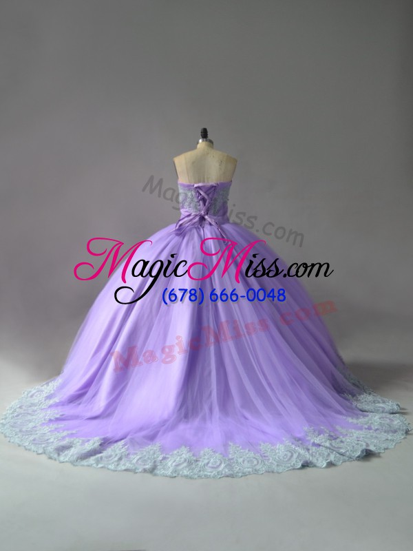 wholesale luxury lavender lace up sweetheart appliques quince ball gowns tulle sleeveless court train