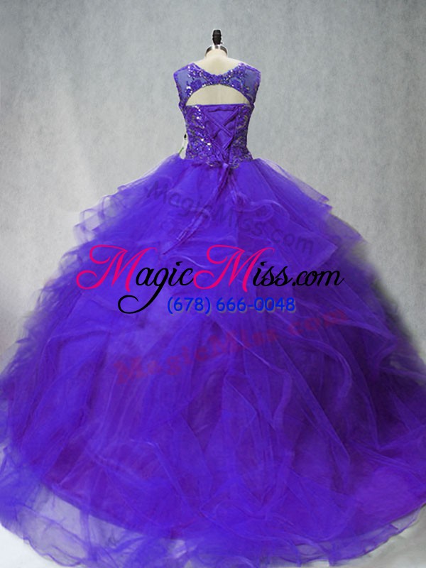 wholesale discount sleeveless beading and ruffles lace up sweet 16 dress with purple brush train