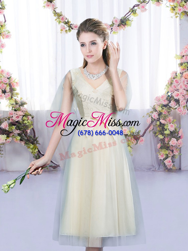 wholesale champagne v-neck neckline lace and bowknot dama dress for quinceanera sleeveless lace up