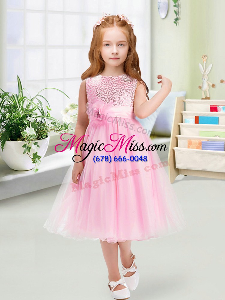 wholesale sleeveless tea length sequins and hand made flower zipper flower girl dresses with rose pink