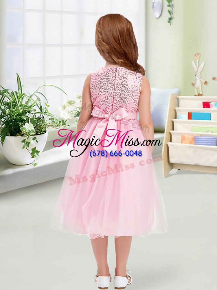 wholesale sleeveless tea length sequins and hand made flower zipper flower girl dresses with rose pink