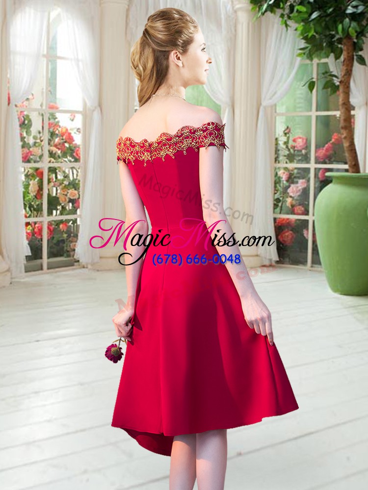 wholesale designer red satin zipper off the shoulder sleeveless asymmetrical prom dresses appliques