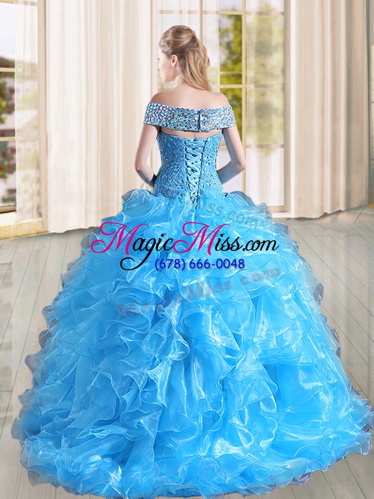 wholesale baby blue sleeveless beading and lace and ruffles lace up ball gown prom dress