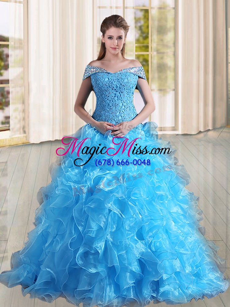 wholesale baby blue sleeveless beading and lace and ruffles lace up ball gown prom dress