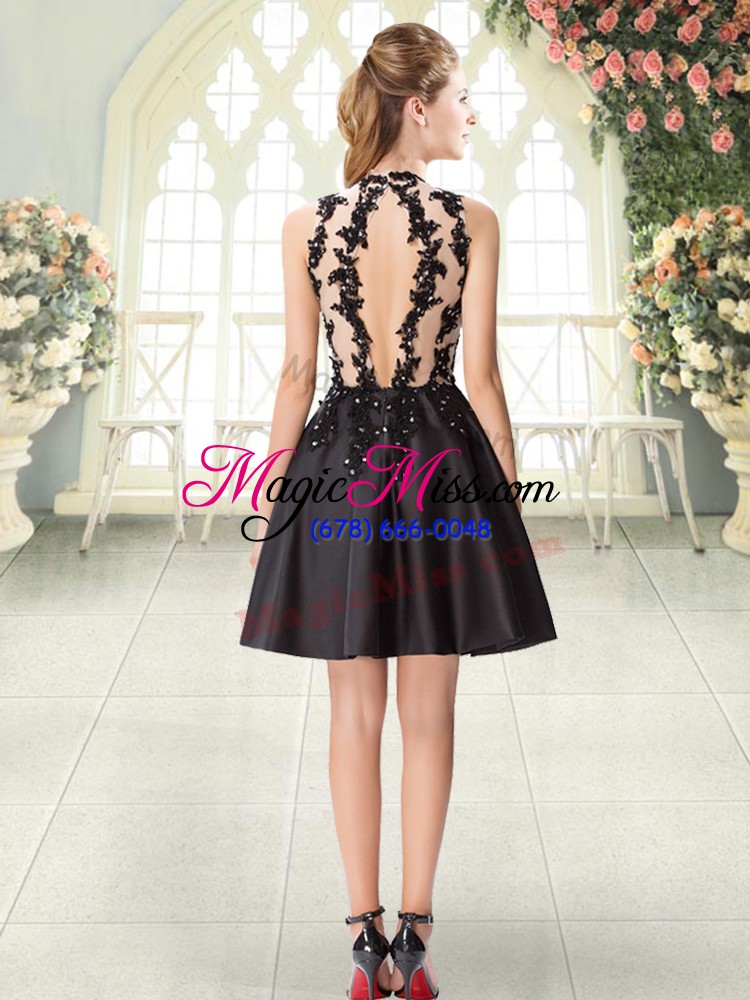 wholesale black satin backless prom gown sleeveless mini length beading and appliques