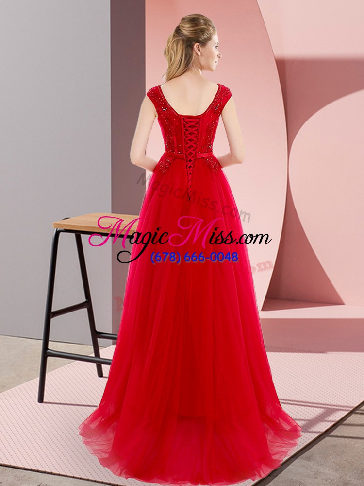 wholesale red lace up v-neck beading and lace prom party dress tulle short sleeves sweep train