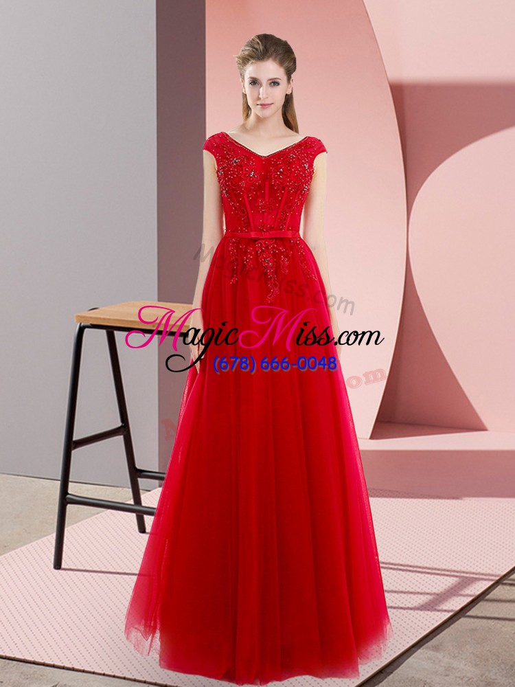 wholesale red lace up v-neck beading and lace prom party dress tulle short sleeves sweep train