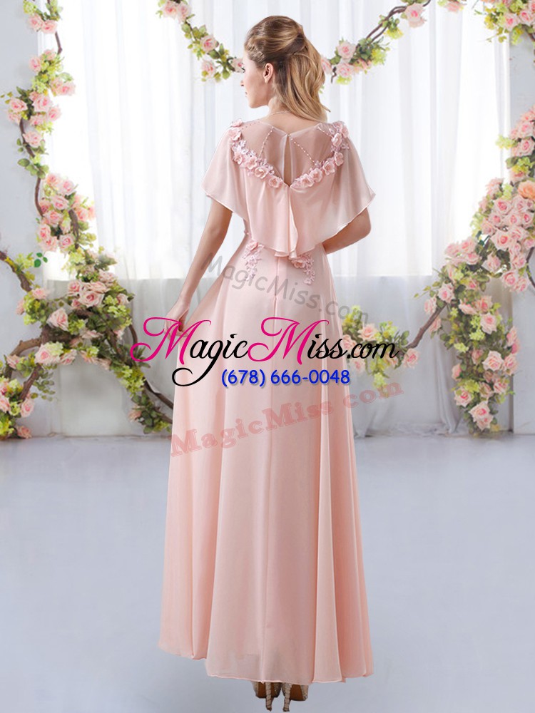 wholesale edgy light yellow chiffon zipper scoop short sleeves floor length bridesmaid gown appliques