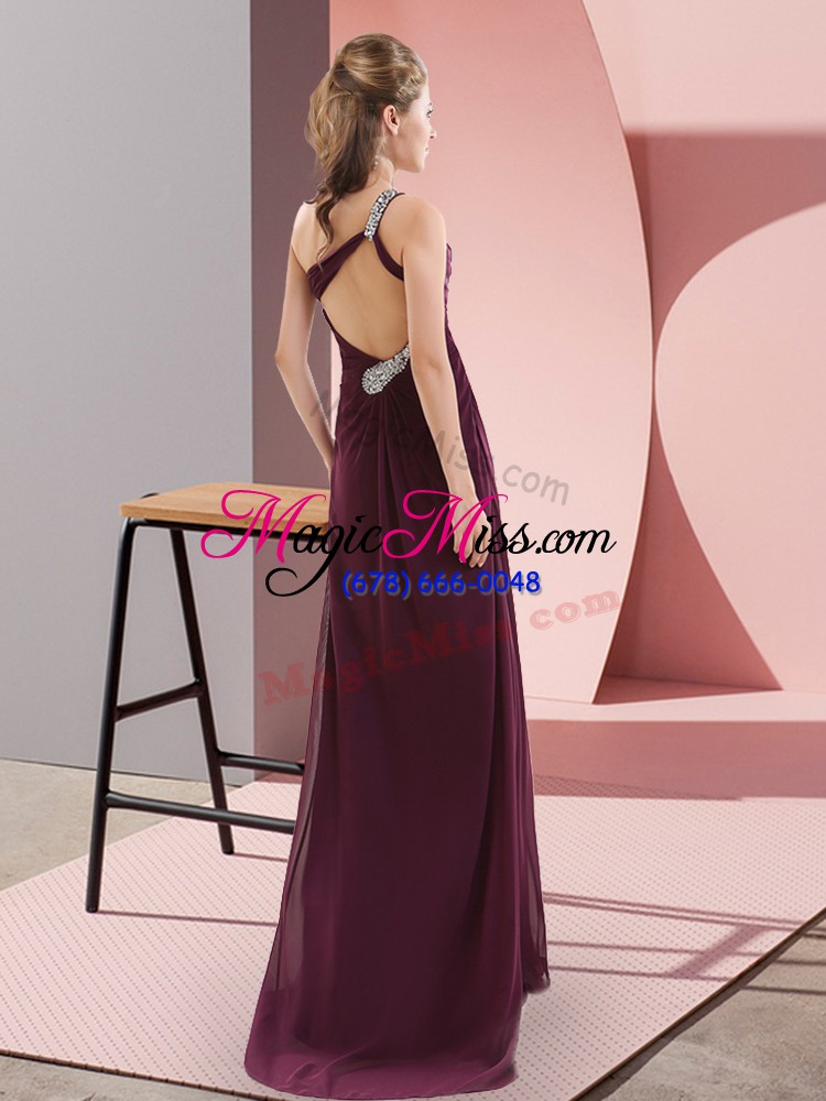 wholesale top selling burgundy one shoulder backless beading and ruching prom dress sweep train sleeveless