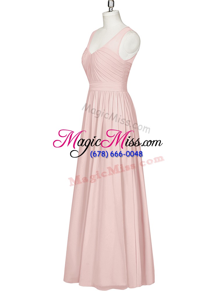 wholesale on sale chiffon v-neck sleeveless zipper ruching evening dress in pink