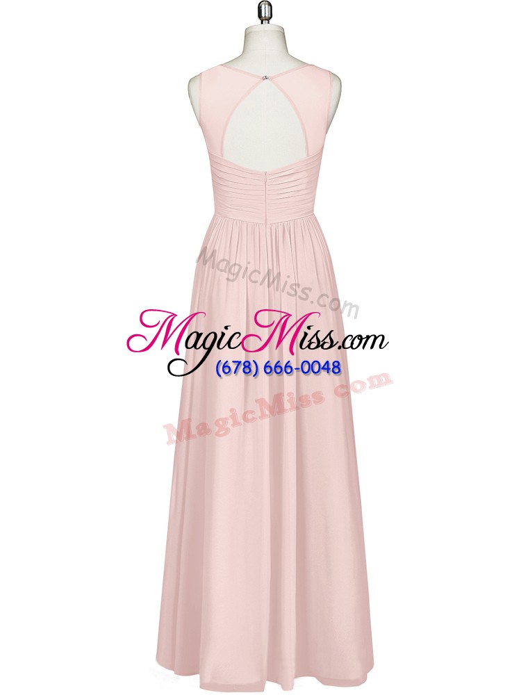 wholesale on sale chiffon v-neck sleeveless zipper ruching evening dress in pink