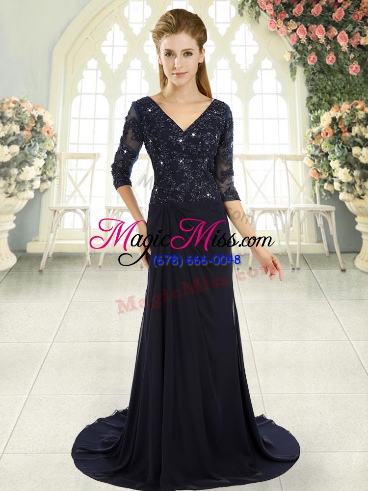 wholesale pretty navy blue zipper evening dress beading and lace and appliques half sleeves sweep train