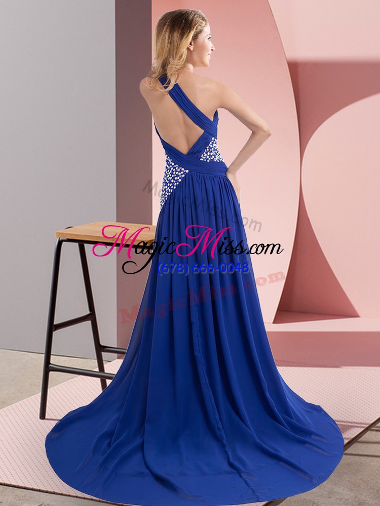 wholesale elegant royal blue sleeveless sweep train beading and ruching prom dresses