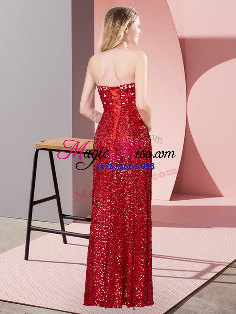 wholesale red sequined lace up sweetheart sleeveless floor length prom dresses beading and lace
