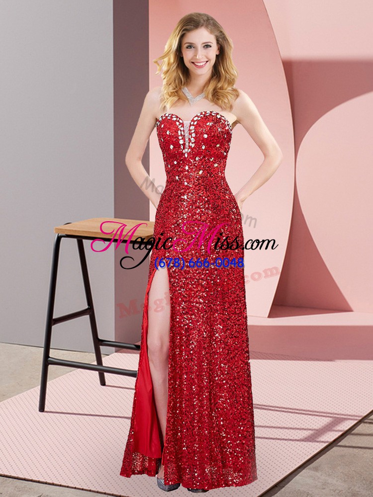 wholesale red sequined lace up sweetheart sleeveless floor length prom dresses beading and lace