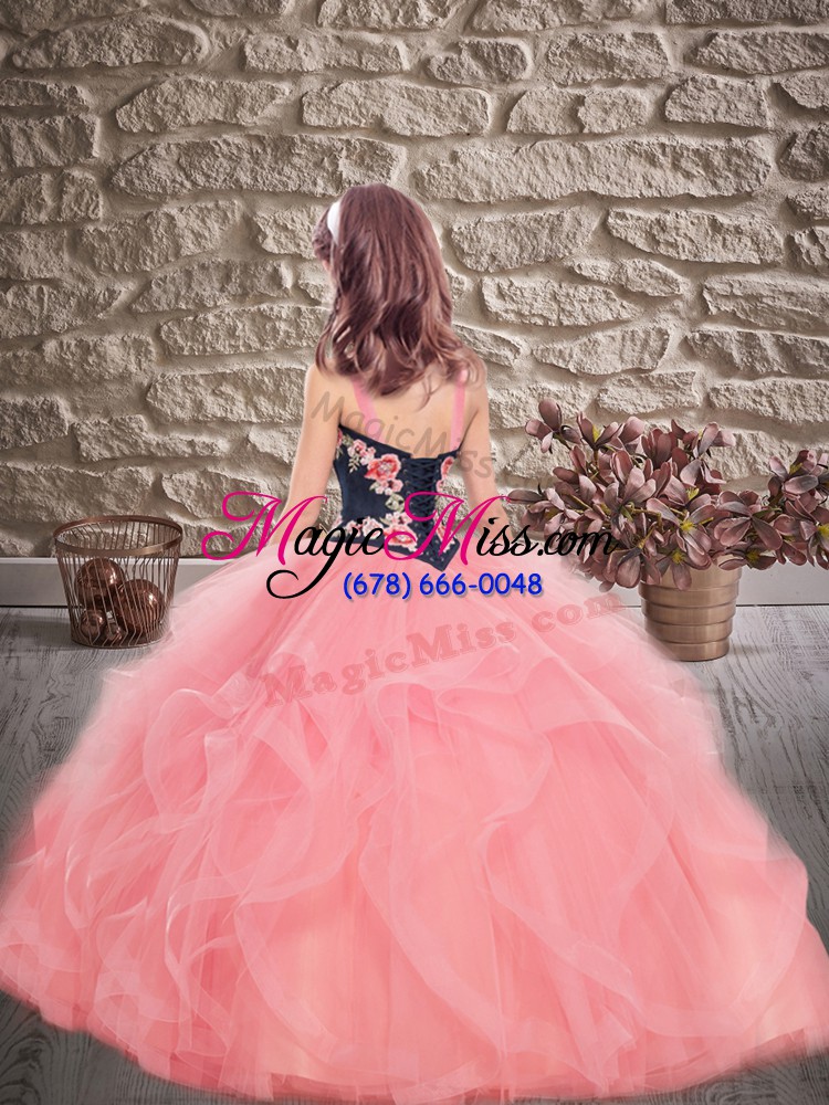wholesale gorgeous red ball gowns embroidery and ruffles girls pageant dresses lace up tulle sleeveless floor length