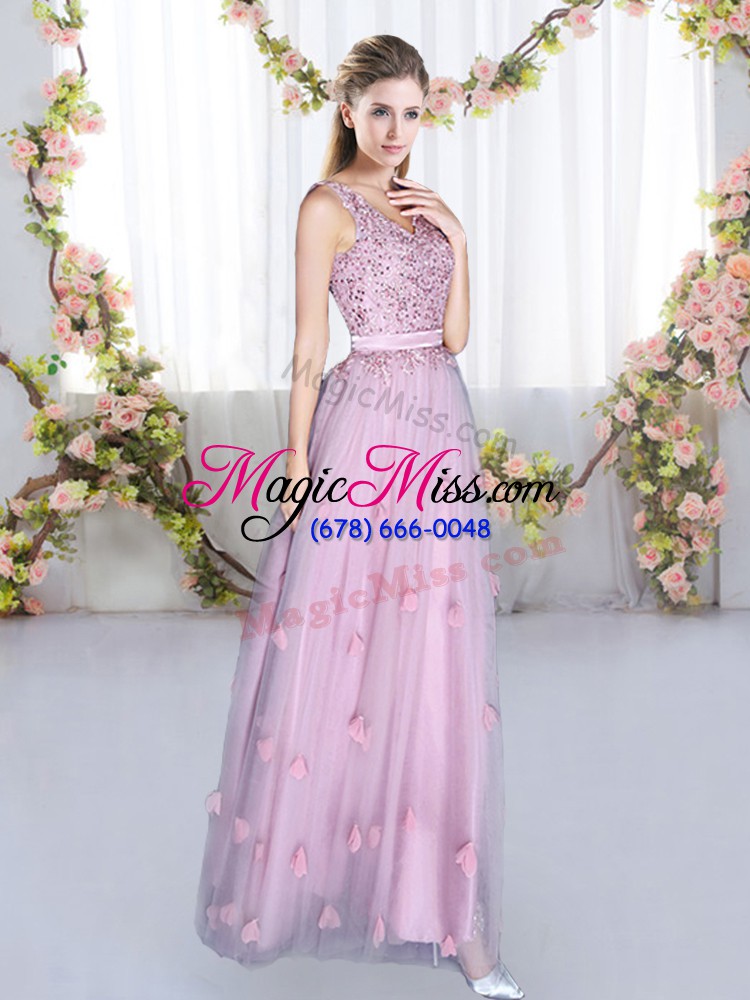 wholesale lavender v-neck lace up beading and appliques bridesmaid dresses sleeveless
