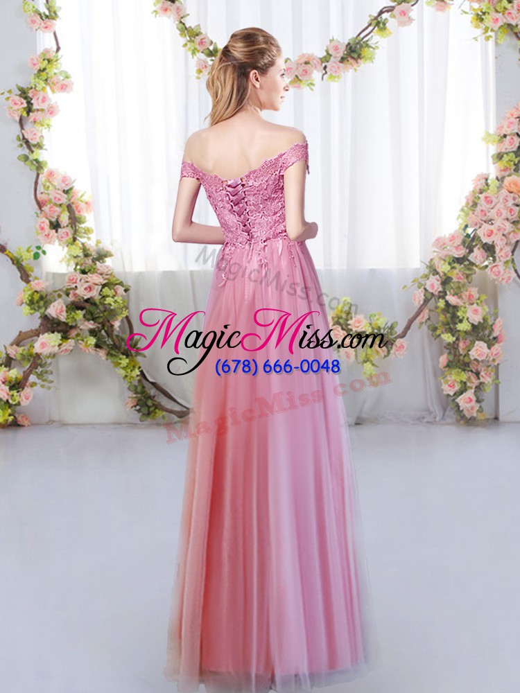 wholesale glittering off the shoulder sleeveless bridesmaid gown floor length lace pink tulle