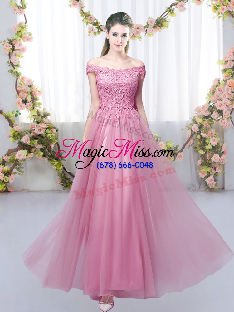 wholesale glittering off the shoulder sleeveless bridesmaid gown floor length lace pink tulle