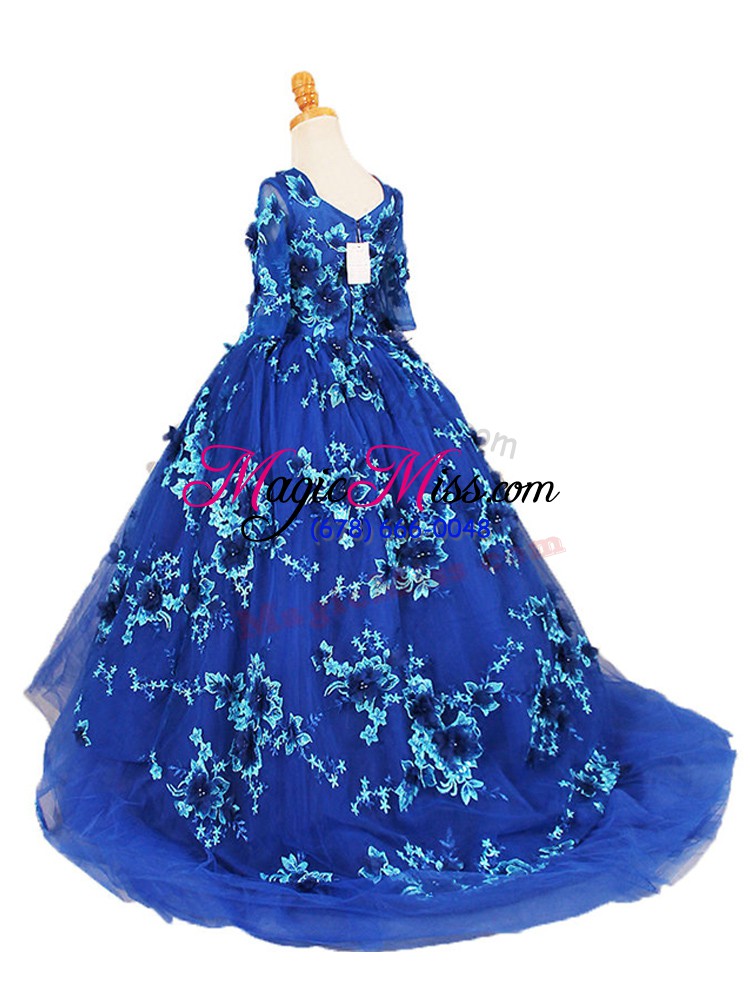 wholesale blue tulle zipper v-neck half sleeves child pageant dress brush train beading and appliques