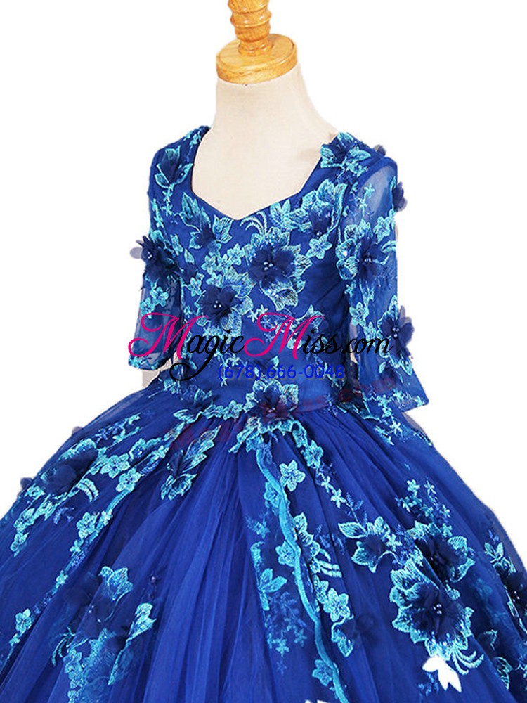 wholesale blue tulle zipper v-neck half sleeves child pageant dress brush train beading and appliques