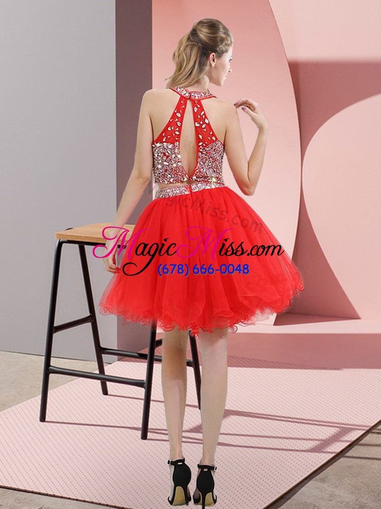 wholesale high quality hot pink backless halter top beading prom gown organza sleeveless