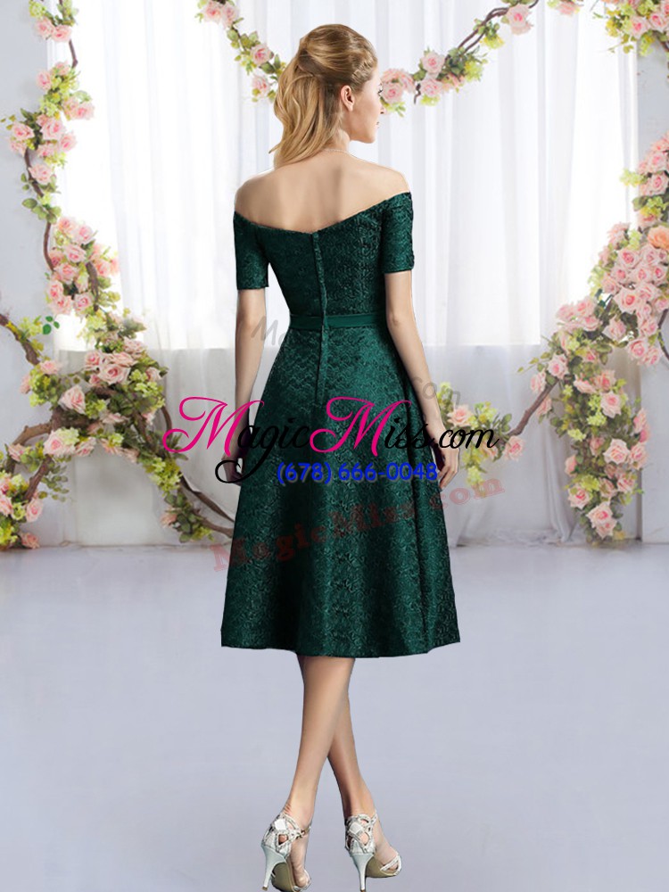 wholesale excellent dark green lace bridesmaid dresses short sleeves tea length belt