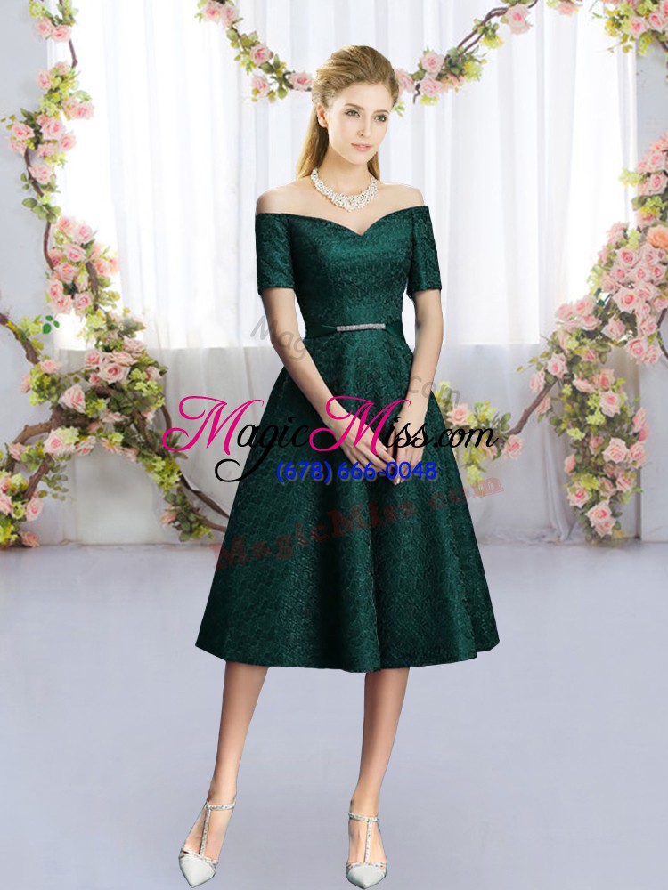 wholesale excellent dark green lace bridesmaid dresses short sleeves tea length belt