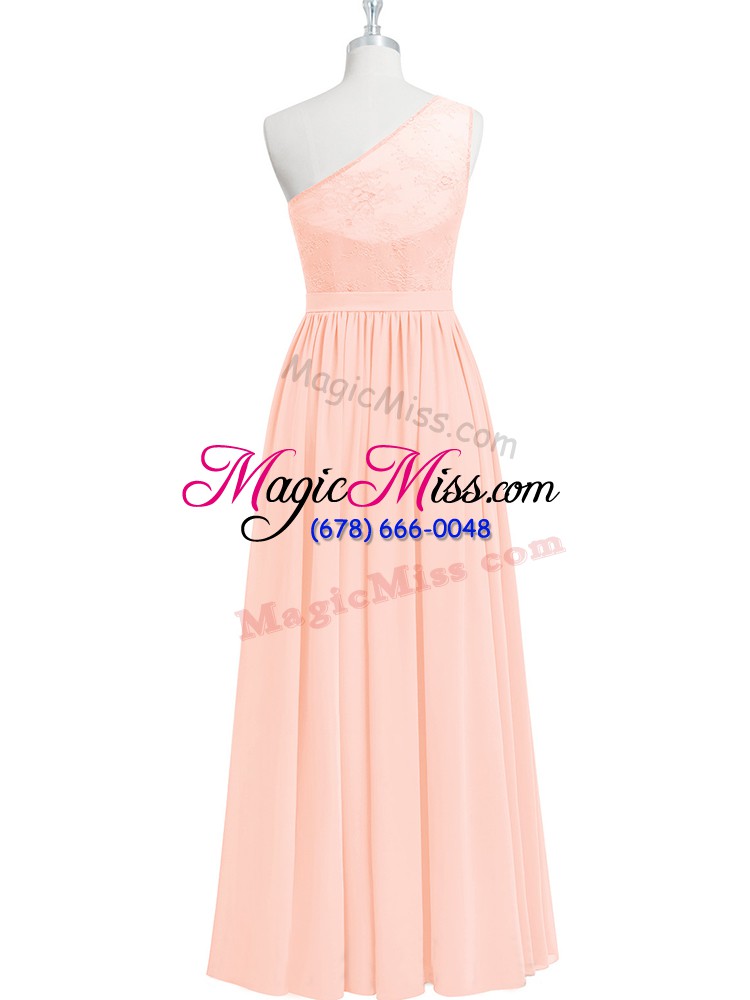 wholesale fitting pink chiffon side zipper one shoulder sleeveless ankle length prom evening gown lace