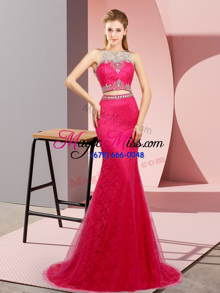 wholesale enchanting hot pink two pieces tulle and lace scoop sleeveless beading lace up juniors evening dress sweep train