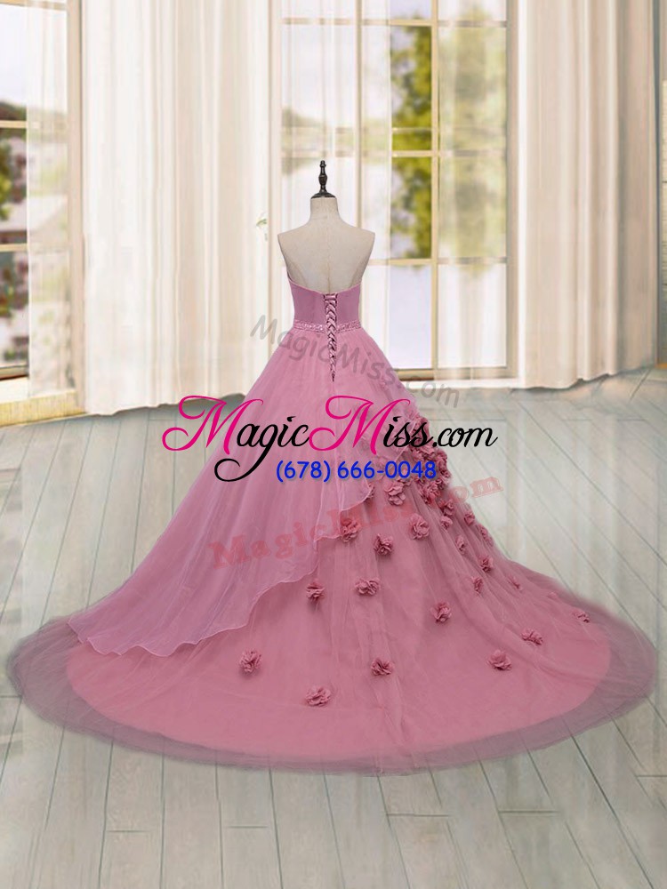 wholesale pink lace up 15th birthday dress hand made flower sleeveless brush train