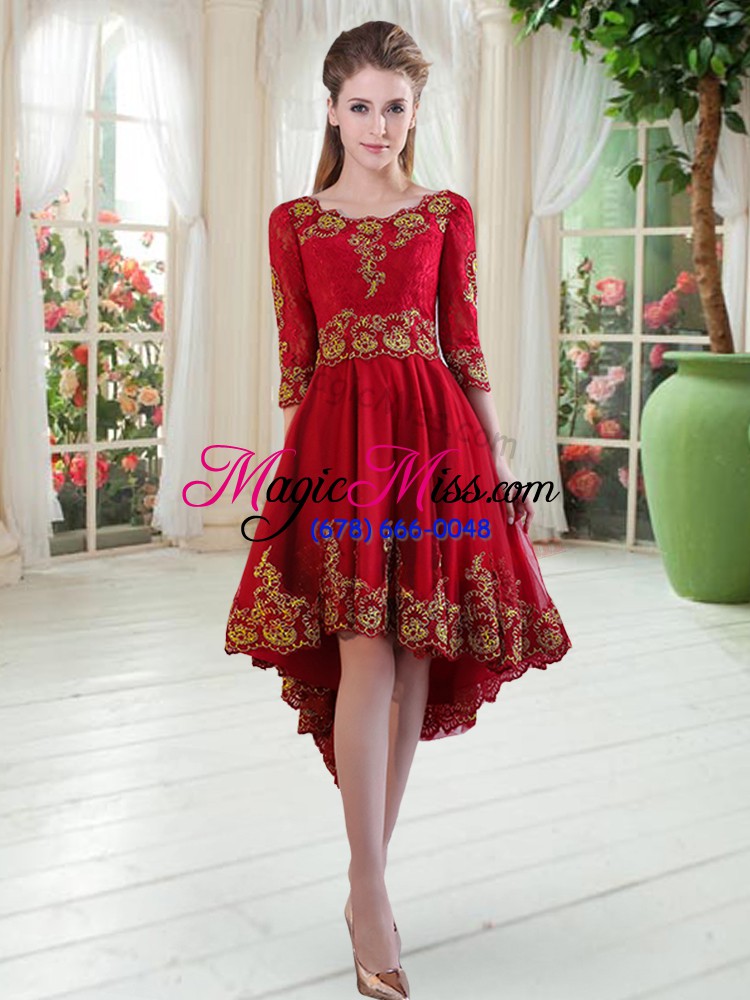 wholesale high low lace up homecoming dress wine red for prom with embroidery