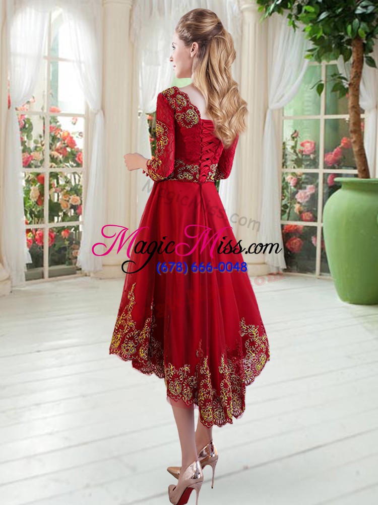 wholesale high low lace up homecoming dress wine red for prom with embroidery