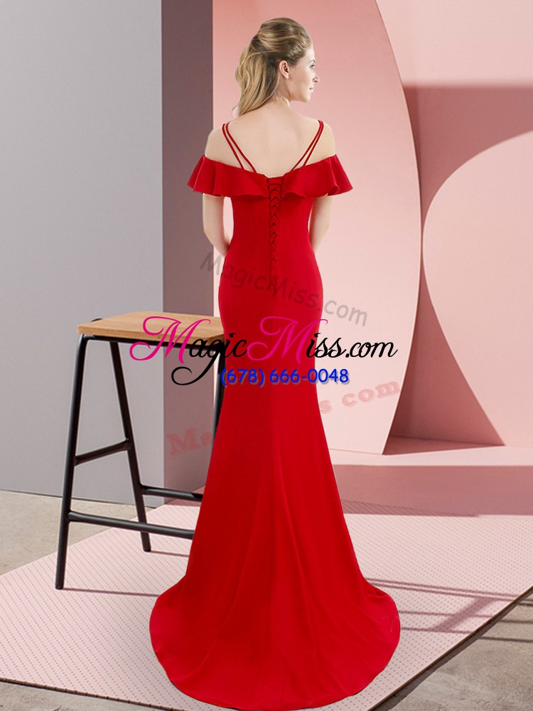 wholesale decent sweep train mermaid evening wear red straps satin sleeveless lace up