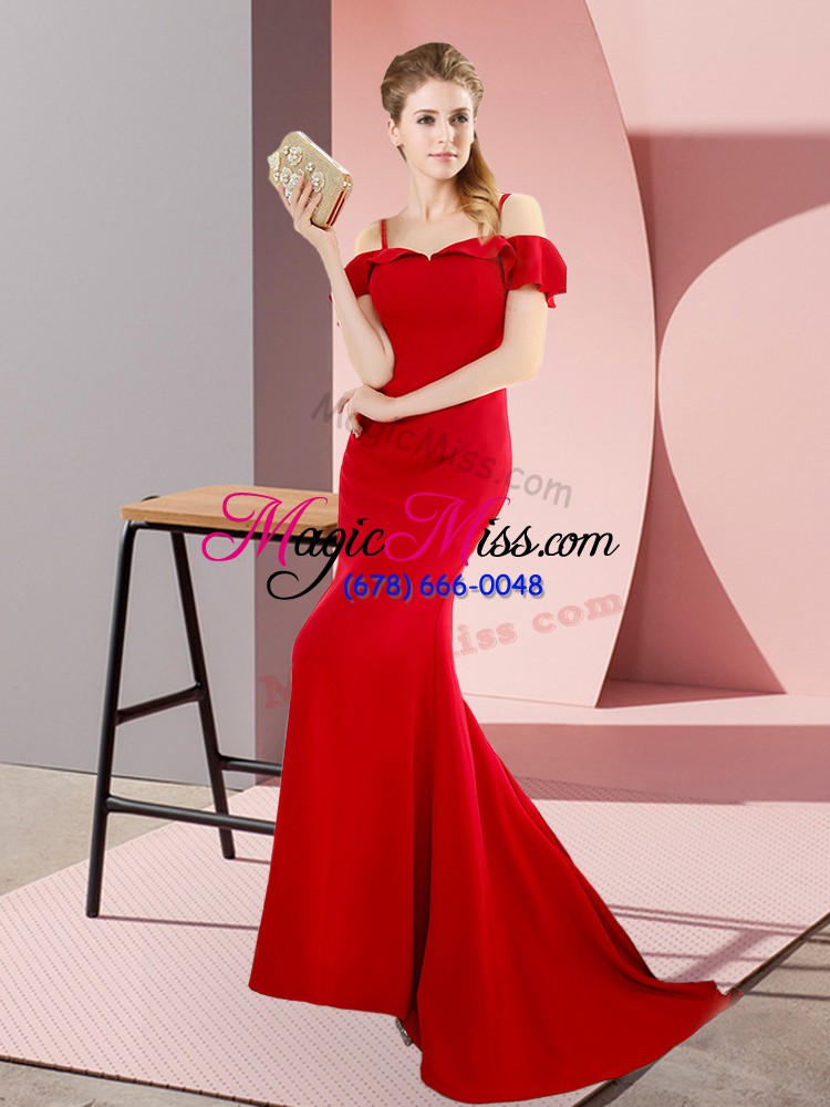wholesale decent sweep train mermaid evening wear red straps satin sleeveless lace up