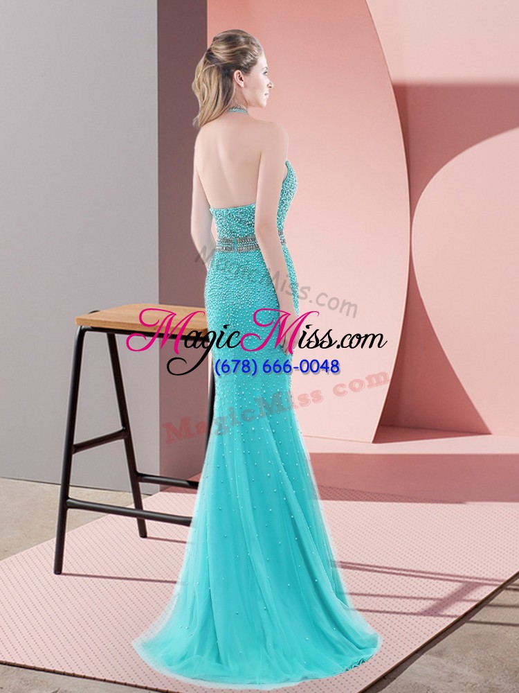 wholesale excellent red backless halter top beading evening dress tulle sleeveless sweep train