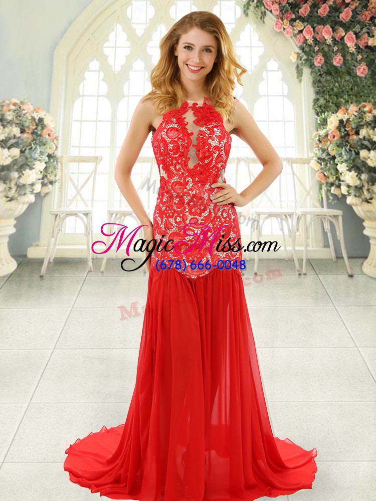 wholesale cheap red chiffon backless scoop sleeveless dress for prom brush train lace
