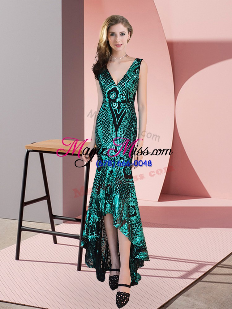 wholesale classical green sequined zipper prom party dress sleeveless high low ruching