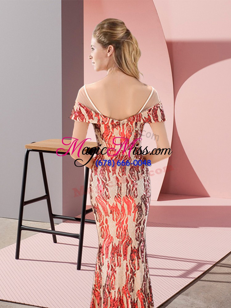 wholesale cap sleeves floor length zipper dress for prom in multi-color with sequins