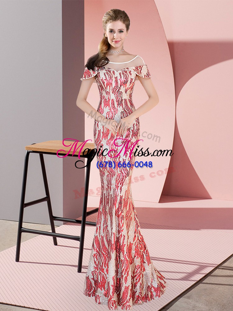 wholesale cap sleeves floor length zipper dress for prom in multi-color with sequins