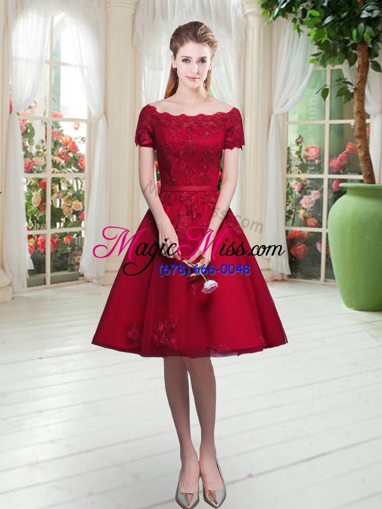 wholesale modest wine red short sleeves knee length appliques lace up prom dress