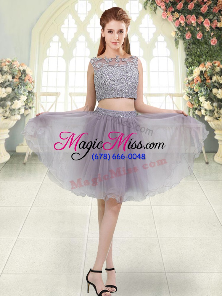 wholesale traditional grey two pieces beading and lace prom gown zipper organza sleeveless knee length