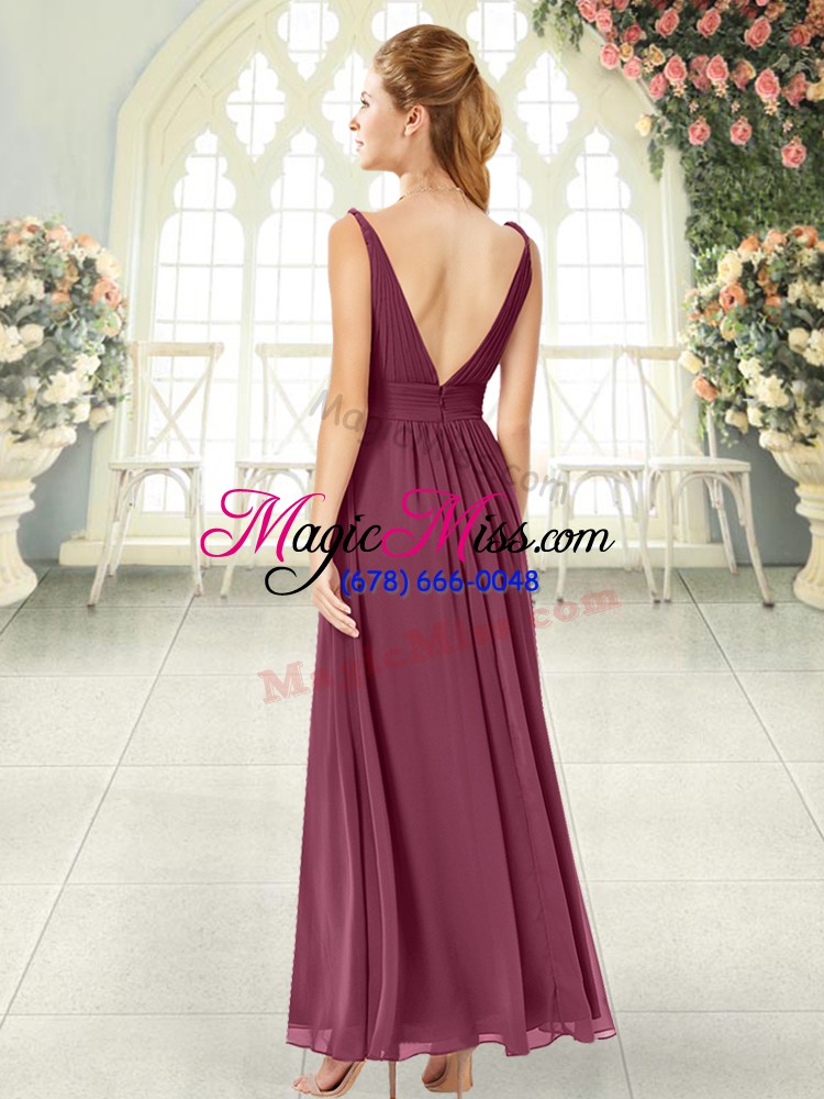 wholesale sleeveless floor length ruching backless dress for prom with wine red